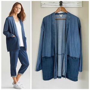 EILEEN FISHER L Tencel Organic Cotton Denim Kimono Jacket Two Tone Midnight Blue